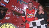 Dustin Daggett won a spectacular Engine Pro ASCS Sprints on Dirt presented by ARP feature event Saturday night at I-96 Speedway.  Daggett battled former ASCS SOD champion Brett Mann swapping the lead back and forth before Daggett pulled away for the victory.  The win also allowed Daggett to clinch the 2011 ASCS SOD Point Championship.