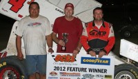 As they have done three times previously in 2012, Whit “Gasman” Gastineau and “Jammin Jamie” Passmore have started the 25-lap A Feature for the Oil Capital Racing Series sprint cars together on the front row and each have won while doing so. Tonight was another Gastineau / Passmore reunion of sorts as the two sprint combatants would square off in another duel.