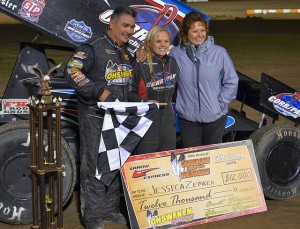 Jessica Zemken in victory lane with track owner Glen Styers after winning the Canadian Sprint Car Nationals. - T.J. Buffenbarger Photo