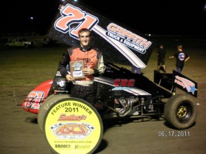 Channin Tankersley in Smiley's Racing Products ASCS Gulf South Region victory lane at Golden Triangle Raceway Park in Beaumont, TX, on Friday night. (ASCS Gulf South photo)