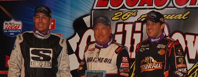 Bryan Stanfill, Tony Stewart, and winner Sammy Swindell after Wednesday night's prelminary feature at the Chili Bowl Nationals - Alan Holland Photo