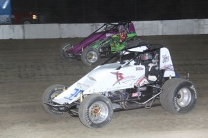 #35 Stuart Brubaker and #3t Tony Beaber in side by side boss non wing 410 sprint feature action. - Action Photos