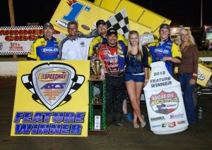Danny Lasoski utilized the low line at I-80 Speedway to capture his first Lucas Oil ASCS win of the 2012 season in the Mark Burch owned 1m. Photo credit: Joe Orth.