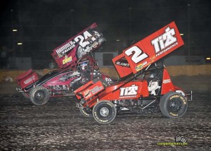 Dale Blaney (#2) racing with Bryan Sebetto (#24) Saturday night during the finale of Ohio Sprint Speedweek at Fremont Speedway. - Mike Campbell Photo