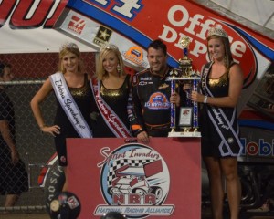Tony Stewart in victory lane after winning the Engine Pro NRA Sprint Invaders feature Saturday night at Eldora Speedway. - Bill Miller Photo