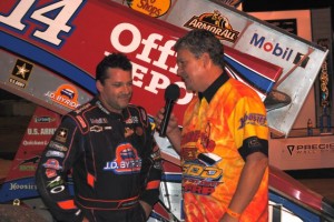 Tony Stewart with ASCS SOD announcer Mike Strevel in victory lane at Plymouth Speedway. - T.J. Buffenbarer Photo