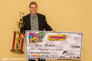 Greg Hodnett with the trophy and $5,000 check won the Speedway Motors Central PA Sprint Car Point Series title for 2012. Loren Carman WRT Speedwerx photo 