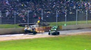 Jonathan Allard (#0) crashes over the finish line with Peter Murphy (#11) just coming up short. - Image courtesy of Western Springs Speedway