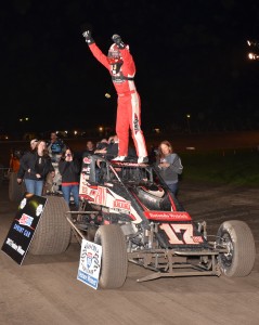 Kevin Thomas, Jr. in victory lane at Gas City I-69 Speedway. Kevin Thomas Jr. (#17 outside) and Thomas Meseraull (#17 inside) battle for the lead. . - Bill Miller Photo