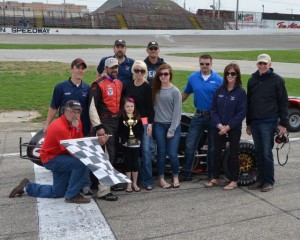 Aaron Pierce stands in Victory Lane with family and crew after winning his third Glen Niebel Classic at the Anderson Speedway on Sunday afternoon April 14, 2013. - Bill Miller Photo