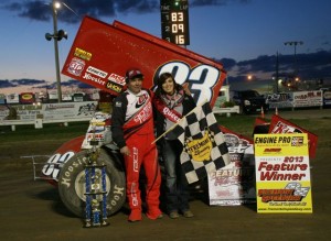 Tim Shaffer in victory lane after winning the opening night of the 2013 season at Fremont Speedway. - image courtesy of Fremont Speedway