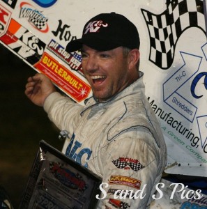 Willie Croft was one happy winner on Saturday night at the "Salute to Baylands" in Petaluma after becoming the first repeat winner with the King of the West 410 Sprint Car Series in 2013. - S&S pics