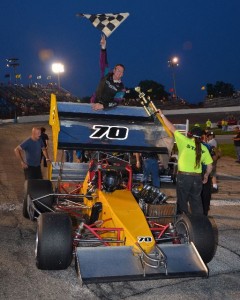 Dave McKnight celebrates again after winning the 50 lap Must See Racing Xtreme Supermodified feature event on Monday night May 20, 2013. - Bill Miller Photo
