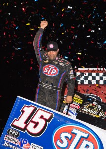 Donny Schatz celebrates winning at Lawrenceburg Speedway on Monday. - Mike Campbell Photo