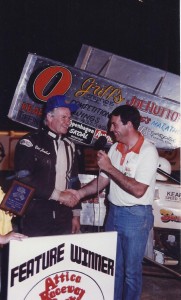 The late Eric Phillips, first promoter at Attica Raceway Park, interviewing the legendary Rick Ferkel after a win in 1989.  - Image courtesy of Attica Raceway Park