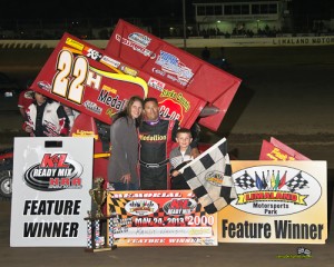 Randy Hannagan and family celebrates winning the NRA Sprint Invader feature at Limaland Motorsports Park. Mike Campbell {Photo www.campbellphoto.com