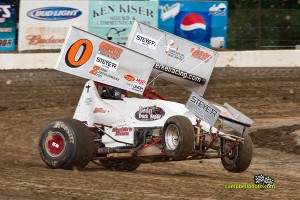 Justin Henderson qualifying before the rain fell at Fremont Speedway, washing out Thursday night's Ohio Sprint Speed Week program. - Mike Campbell Photo