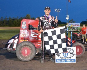 Kyle Larson in victory lane after winning the opening night of Indiana Midget Week at Gas City I-69 Speedway. - Bill Miller Photo
