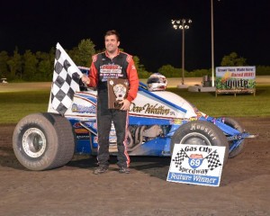 Levi Jones in victory lane after winning the sprint car feature Wednesday night at Gas City I-69 Speedway. - Bill Miller Photo