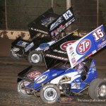 Donny Schatz (15) attempts to steal the lead from Tim Kaeding (83) (Serena Dalhamer photo)