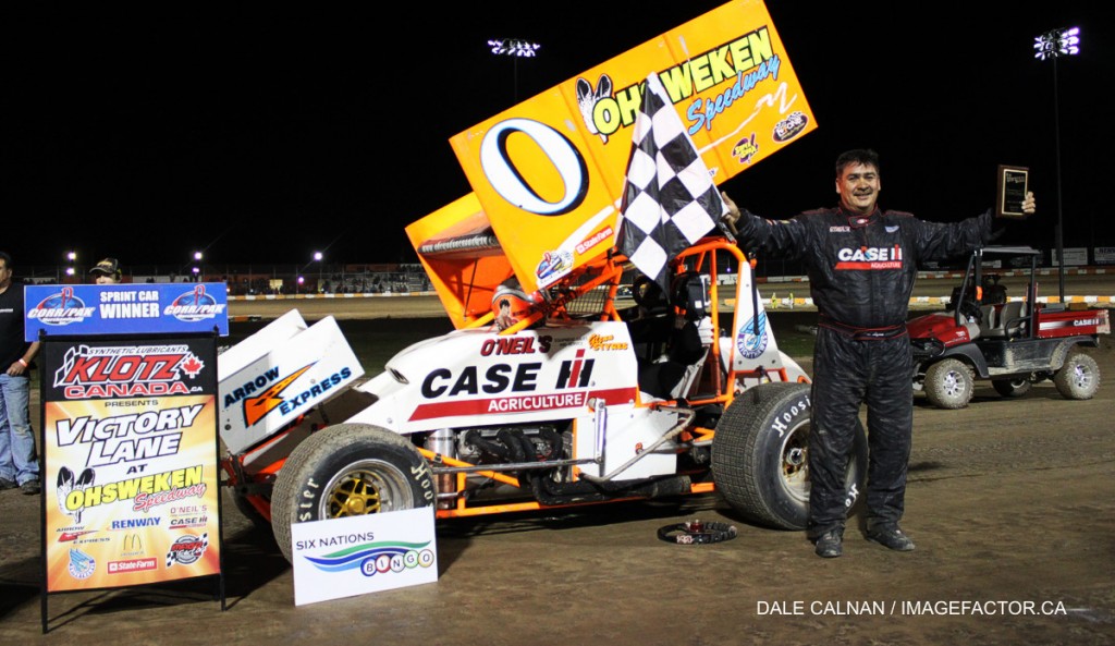 Glenn Styres in victory lane at Ohsweken Speedway. - Dale Calnan / www.ImageFactor.ca