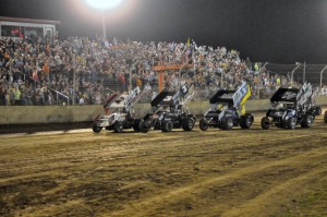 The parade lap before the World of Outlaws STP Sprint Car Series feature event Wednesday night at Kokomo Speedway. - Jan Dunlap Photo