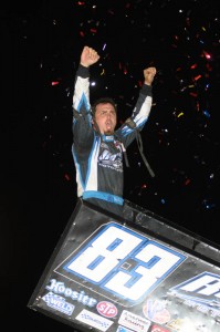 Tim Kaeding celebrates after winning Sunday night's World of Outlaws STP Sprint Car Series feature at Kokomo Speedway. - Jan Dunlap Photo