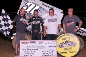 Brandon Berryman raced to his first victory of the 2013 season against the Griffith Truck and Equipment Gulf South Region at the Cotton Bowl Speedway on Thursday, July 4. (ASCS / Tom Meredith) 