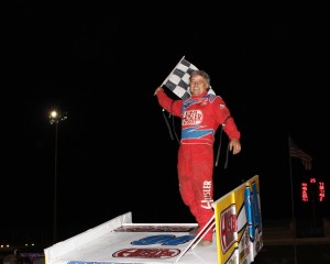 Jeff Swindell wing dances at the Willamette Speedway on Friday night after scoring his third Lucas Oil ASCS presented by MAVTV American Real victory of 2013. (ASCS / Bryan Hulbert) 