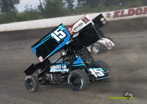 Sam Hafertepe, Jr. (#15) racing with Steve Kinser (#11) Friday at Eldora. - Mike Campbell Photo