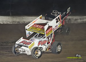 Brian Brown (#21) racing with Daryn Pittman (#9) Friday at Eldora Speedway. - Mike Campbell Photo