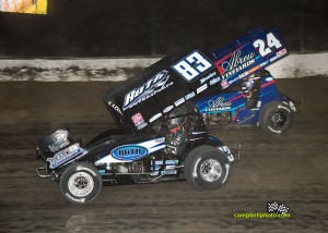 TIm Kaeding (#83) racing with Rico Abreu (#24) Friaty night at Eldora Speedway.  - Mike Campbell Photo