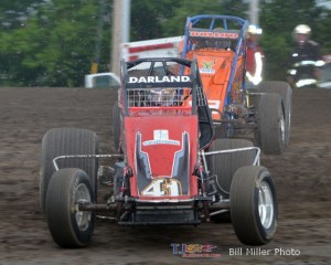 Dave Darland (#41) inside of Robert Ballou (#12) at Gas City I-69 Speedway. - Bill Miller Photo