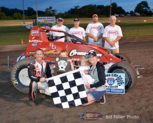 Jerry Coons, Jr. with his family and Edison Motorsports crew in victory lane at Gas City I-69 Speedway. - Bill Miller Photo