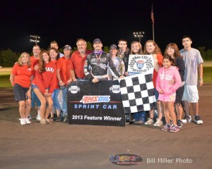 Jon Stanbrough with family, friends, and the crew after winning the opening night of Indiana Sprint Week at Gas City I-69 Speedway. - Bill Miller Photo