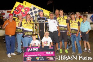 Jack Dover is joined by the Home Pride #53 team after winning the Nebraska 360 Sprint Series feature at I-80 Speedway on Thursday night. - Brad Brown / IBRACN.com photo