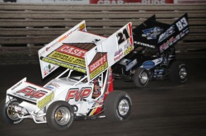 Brian Brown and Tim Kaeding traded slide jobs for the lead, but Brown prevailed in the 410 sprint car feature. - Serena Dalhamer Photo 