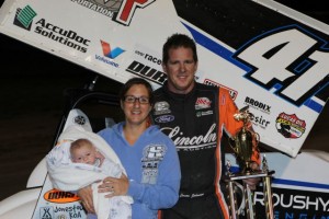 Jason Johnson is joined by his wife Bobbi and son Jaxx following his win at the Billings Motorsports Park on Tuesday, July 9 at the Billings Motorsports Park. The win was Johnson's fifth of the season with the Lucas Oil ASCS National Tour. (ASCS / Bryan Hulbert) 