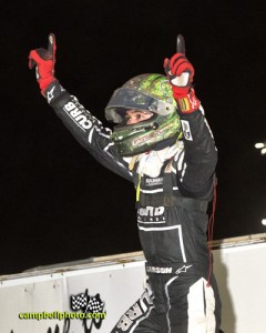 Kyle Larson celebrates after winning Friday night's feature at Knoxville Raceway. - Mike Campbell Photo