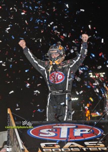Donny Schatz exits his car after winning the 2013 edition of the FVP Knoxville Nationals. - Mike Campbell Photo