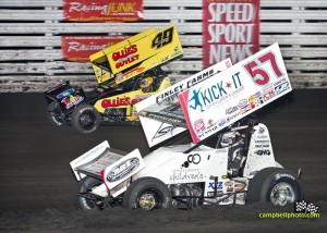 Shane Stewart (#57) racing with Brad Sweet (#94) Wednesday at Knoxville Raceway. - Mike Campbell / campbellphoto.com