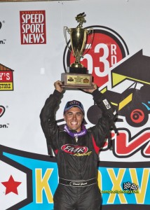 David Gavel hoists the trophy after winning Wednesday night's feature at Knoxville Raceway during the 53rd Annual FVP Knoxville Nationals. - Mike Campbell Photo