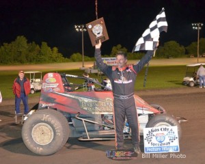 Dave Darland celebrates in Victory Lane after winning the 25 lap non-wing sprint car event at the Gas City I-69 Speedway on Friday night August 16, 2013. - Bill Miller Photo