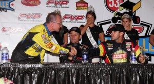 The front row starters for Saturday night's A-Main, Joey Saldana and Brian Brown, shake hands at the post race press conference. - Serena Dalhamer Photo