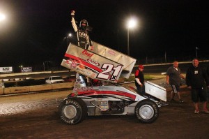 Bryan Clauson up on the wing after winning the MOWA feature at Jacksonville Speedway. - MOWA Photo