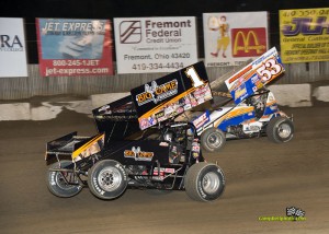 Sammy Swindell (#1) and D.J. Foos (#53x) racing at Fremont Speedway on Saturday. - Mike Campbell Photo