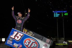 Donny Schatz celebrates his victory on Saturday at Fremont Speedway. - Mike Campbell Photo