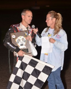 Jerry Coons, Jr. being interviewed after winning Friday night at Gas City I-69 Speedway. - Bill Miller Photo