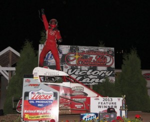 Zach Daum in victory lane after winning the opening night of the Pepsi Nationals at Angell Park Speedway. - Serena Dalhamer Photo