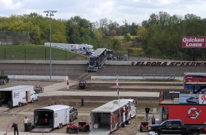 Haulers pulling into the infield for the 2013 edition of the 4-Crown Nationals. - Bob Buffenbarger Photo